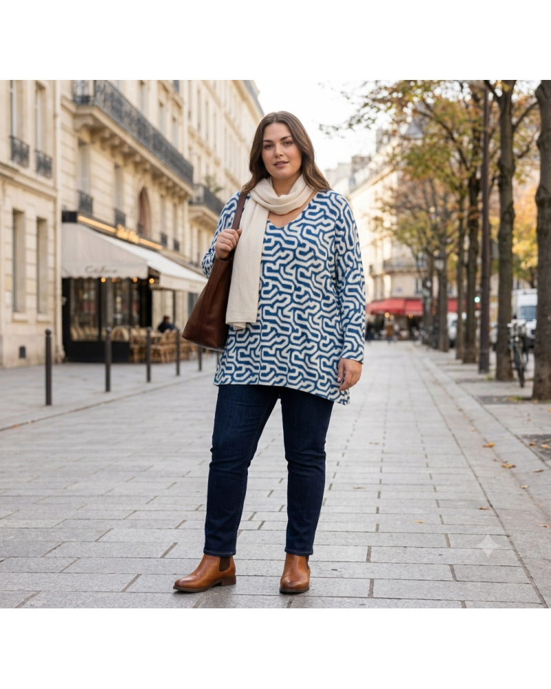 GTU (Max 46) - Col V Impr. graphique Tunique - 50% visc/ 45% polia / 5% elast. Couleur:B. Jean