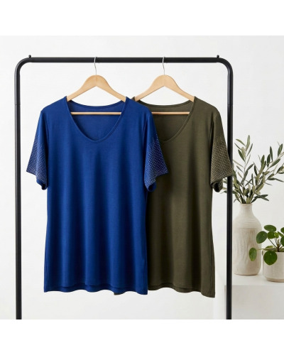 M-3XL - Col V Avec Perles Haut - 68% Visc. / 28% polia/ 6% EA Couleur:B. Bleu Taille:M