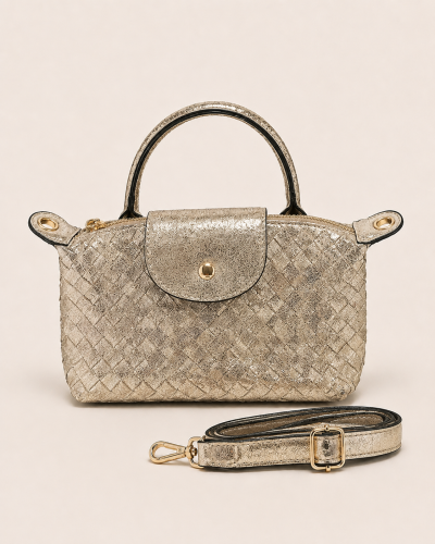 24cm x 15cm - Petit Sac Tressé Brillant - Anse & Bandoulière Couleur:CR. Crème