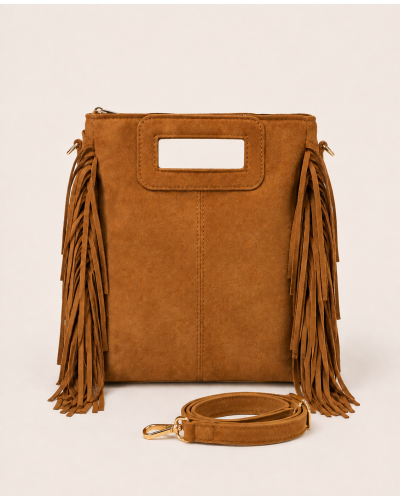 24cm x 24cm - SAC. Franges - Poignée Découpée & Bandoulière Couleur:CH. Camel