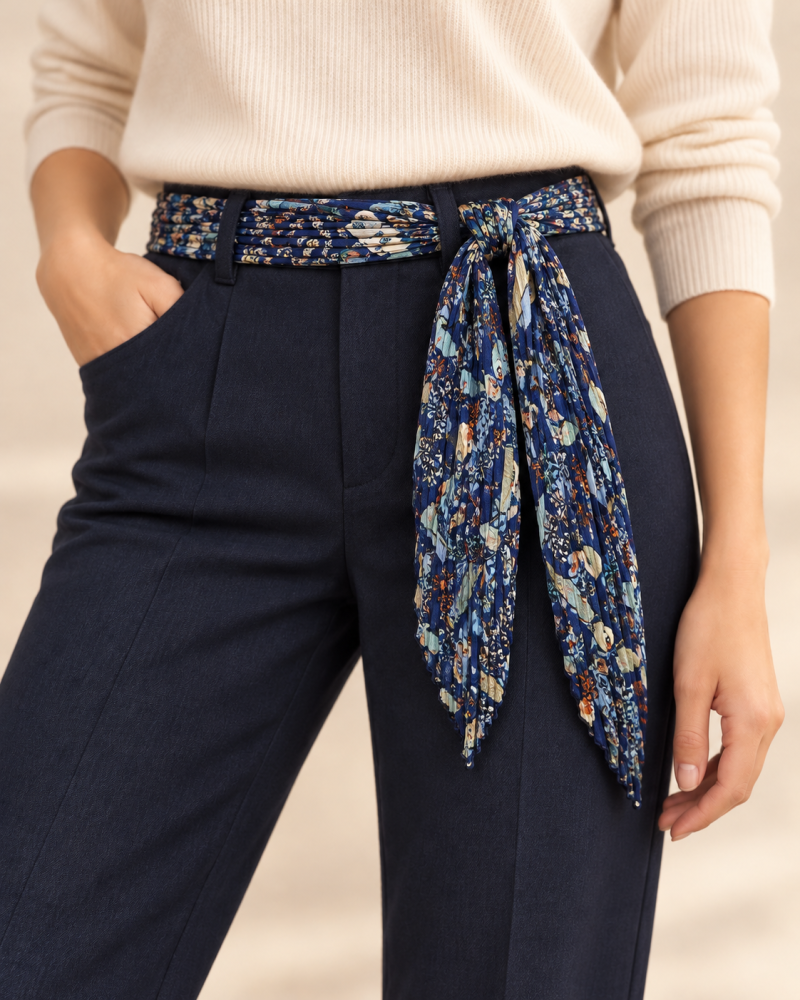 150cm - Foulard Ceinture T. Brill. impr. Fleurs bleues 