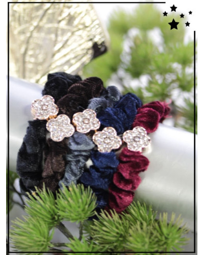 Lot de 5 chouchous - Fleurs - Strass - Noir/ Choco/ Gris/ Marine/ Bordeaux