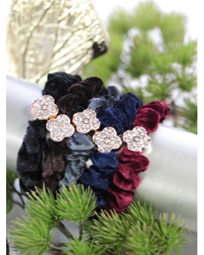 Lot de 5 chouchous - Fleurs - Strass - Noir/ Choco/ Gris/ Marine/ Bordeaux