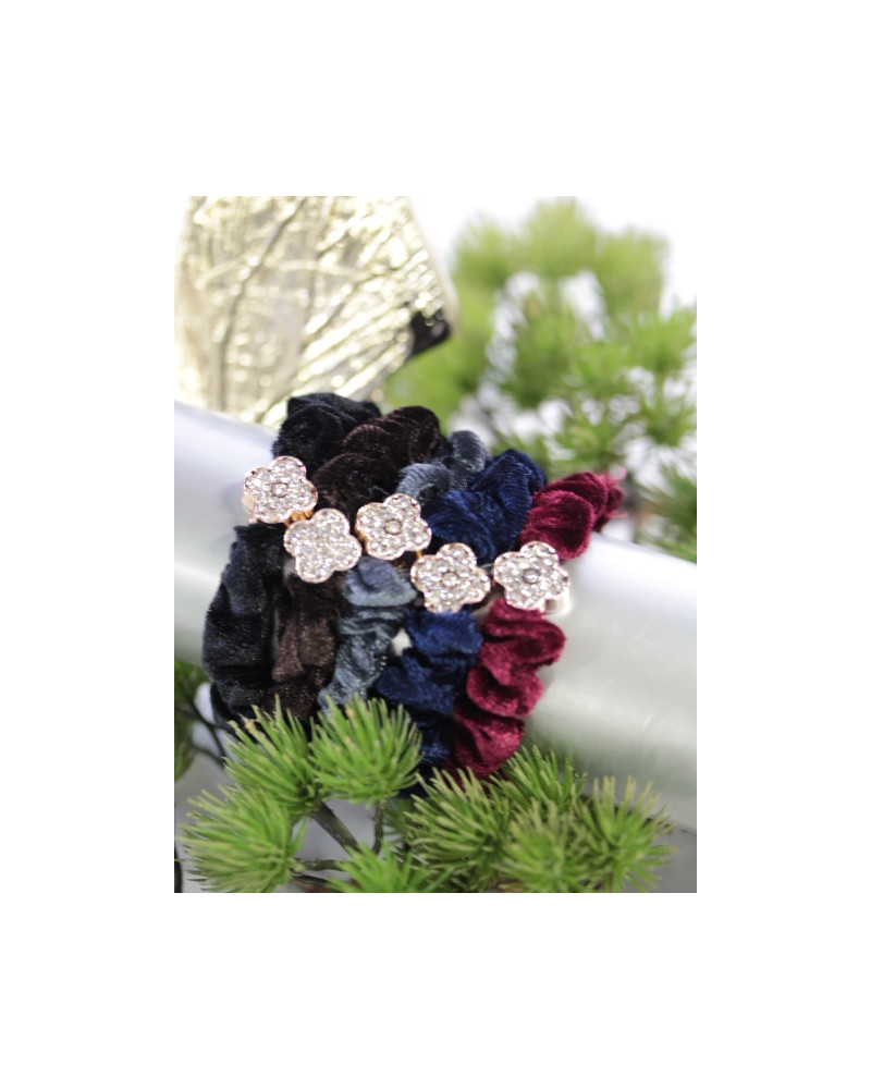 Lot de 5 chouchous - Fleurs - Strass - Noir/ Choco/ Gris/ Marine/ Bordeaux